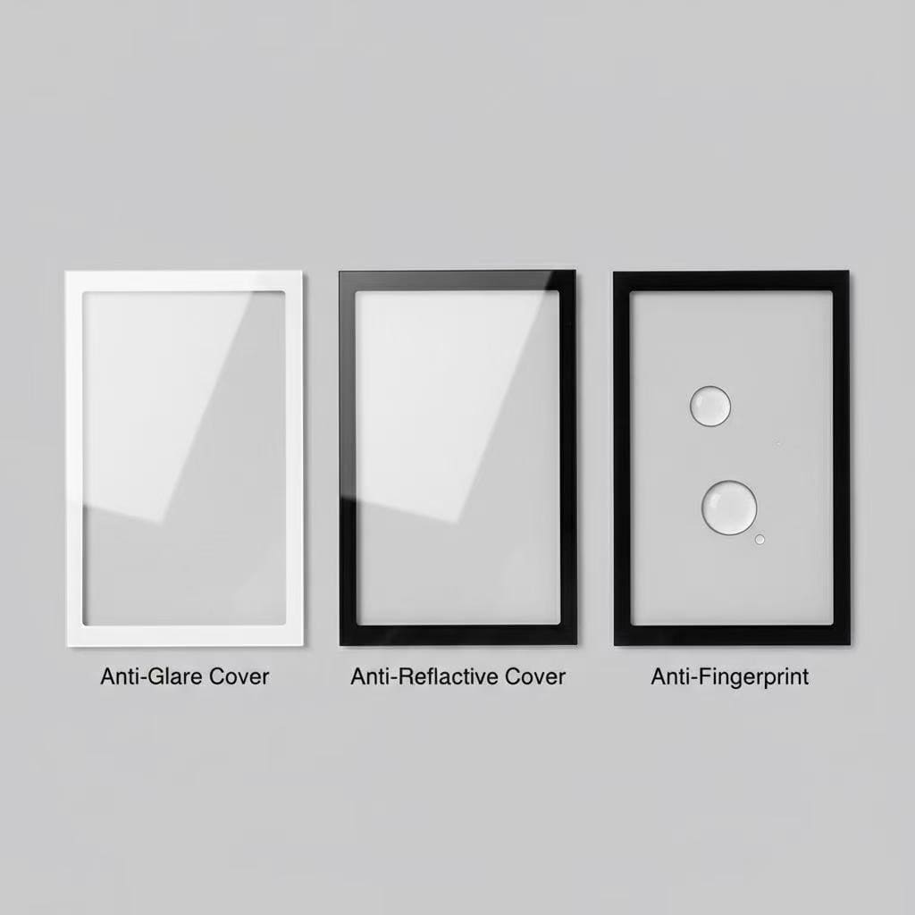 A diagram showing how Anti-Glare, Anti-Reflection, and Anti-Fingerprint coatings work