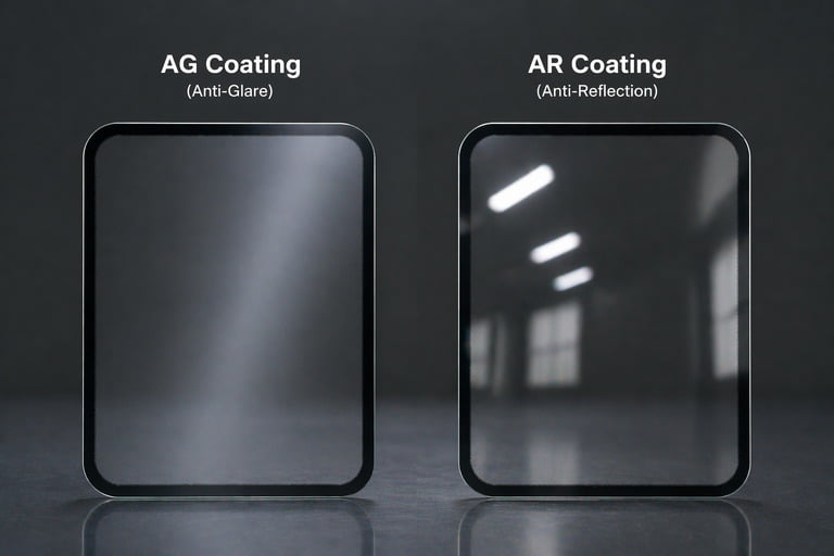 AG versus AR Coating Comparison showing glass cover with AG coating versus AR coating