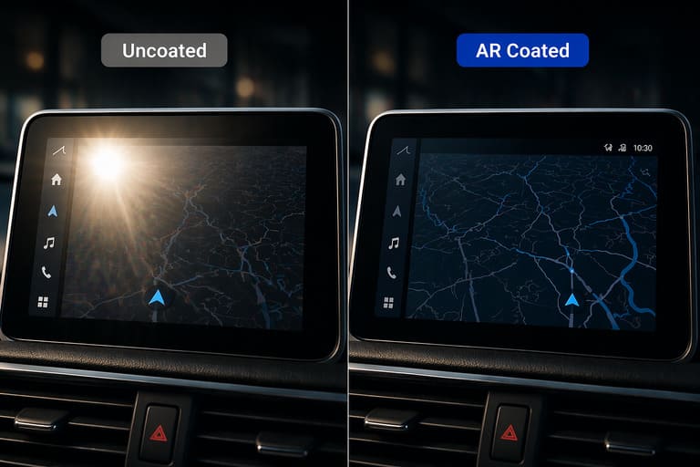 Chart showing the difference in light reflectance and transmittance on bare glass vs AR glass