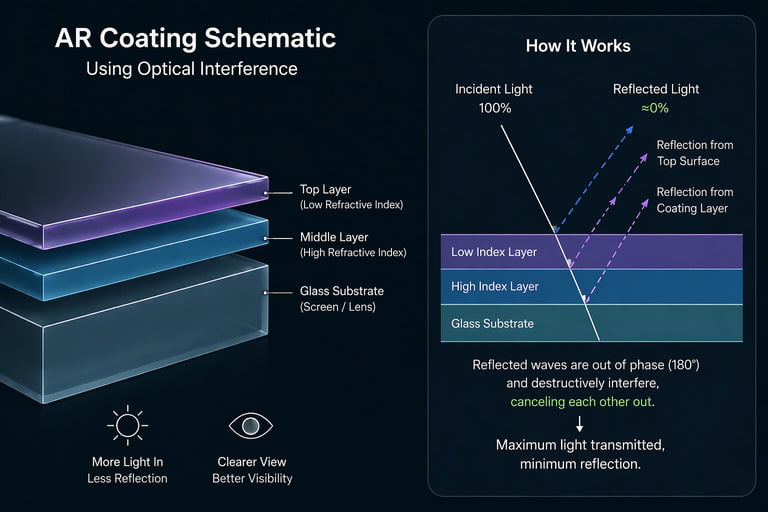 AR Coating Optical Interference Diagram of AR coating layers using optical interference to stop light reflection