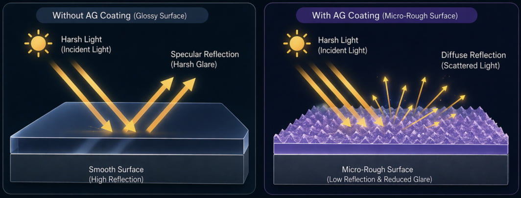 AG Coating Diffuse Reflection Close up of AG coating rough surface scattering harsh light
