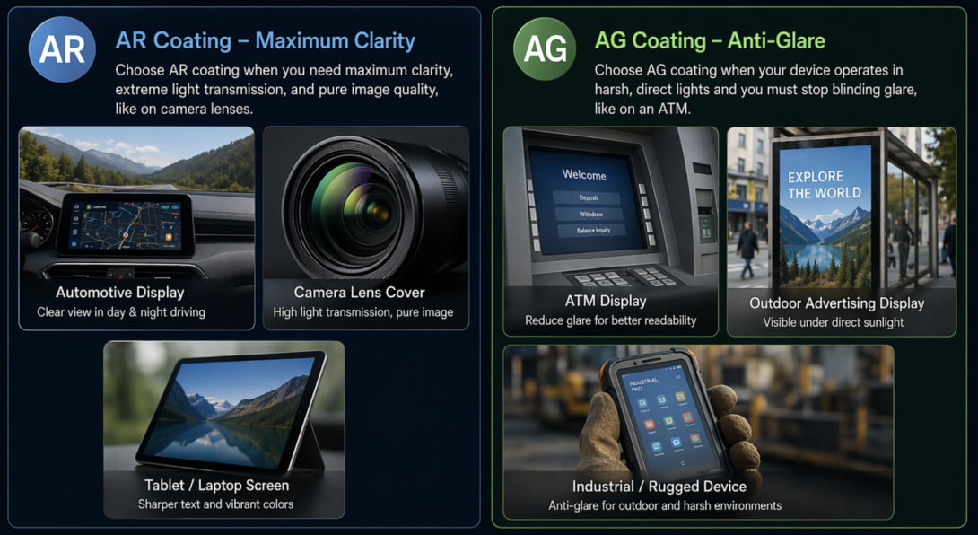 AG vs AR Coating Choice Table comparing AG and AR coating features and applications side by side