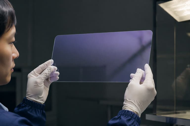 Glass cover under a strong light showing a slight purple residual color reflection